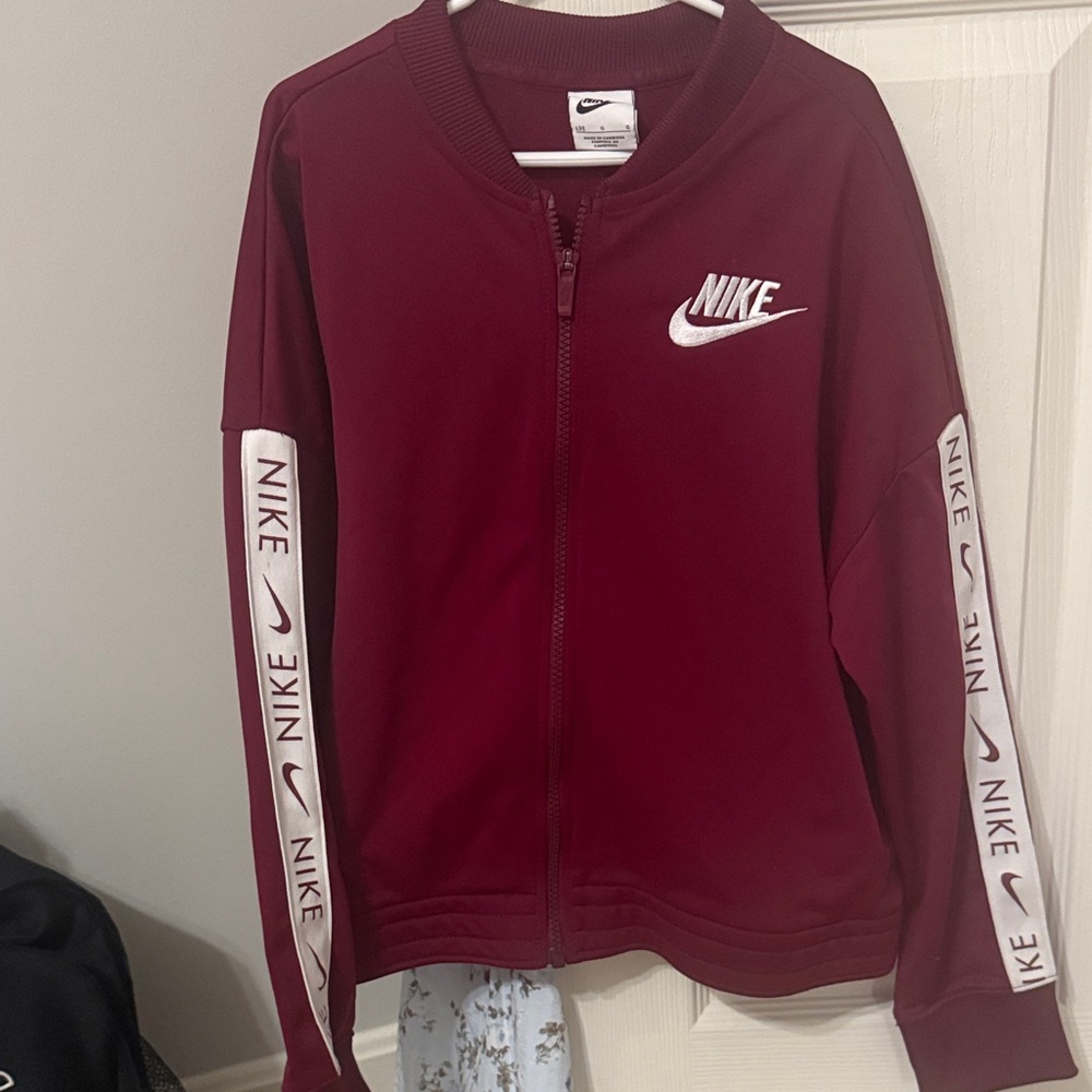 Nike Maroon Track Jacket with White Swoosh and Sleeve Stripes